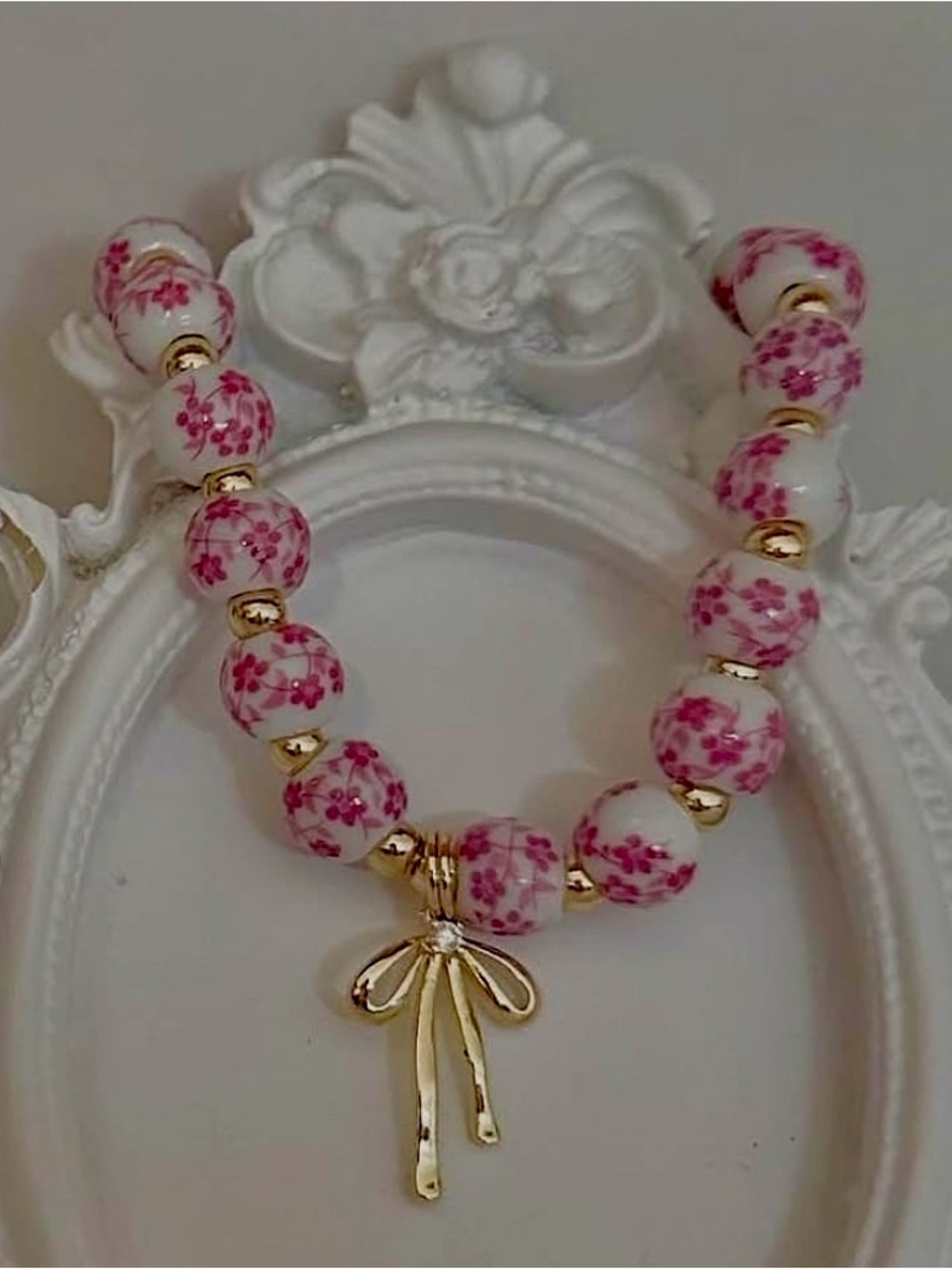 ❤️ Gold Bow Pink Floral Beaded Handmade Bracelet Jewelry Porcelain Feminine